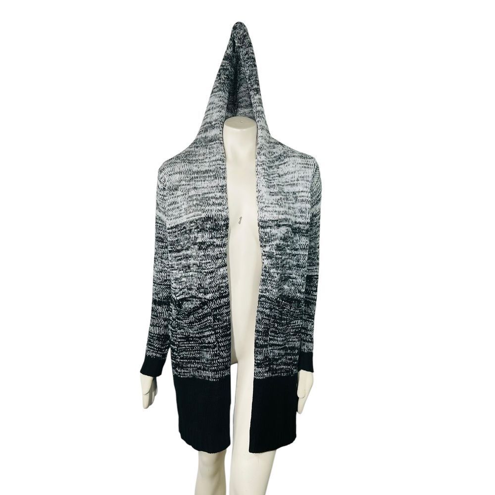 Domani Hooded Long Cardigan Ombre Knit Sweater Black White Marled‎ Open Cozy L